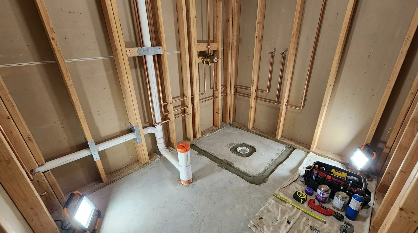Bathroom rough-in plumbing during remodel by Johns Plumbing LLC in Darien
