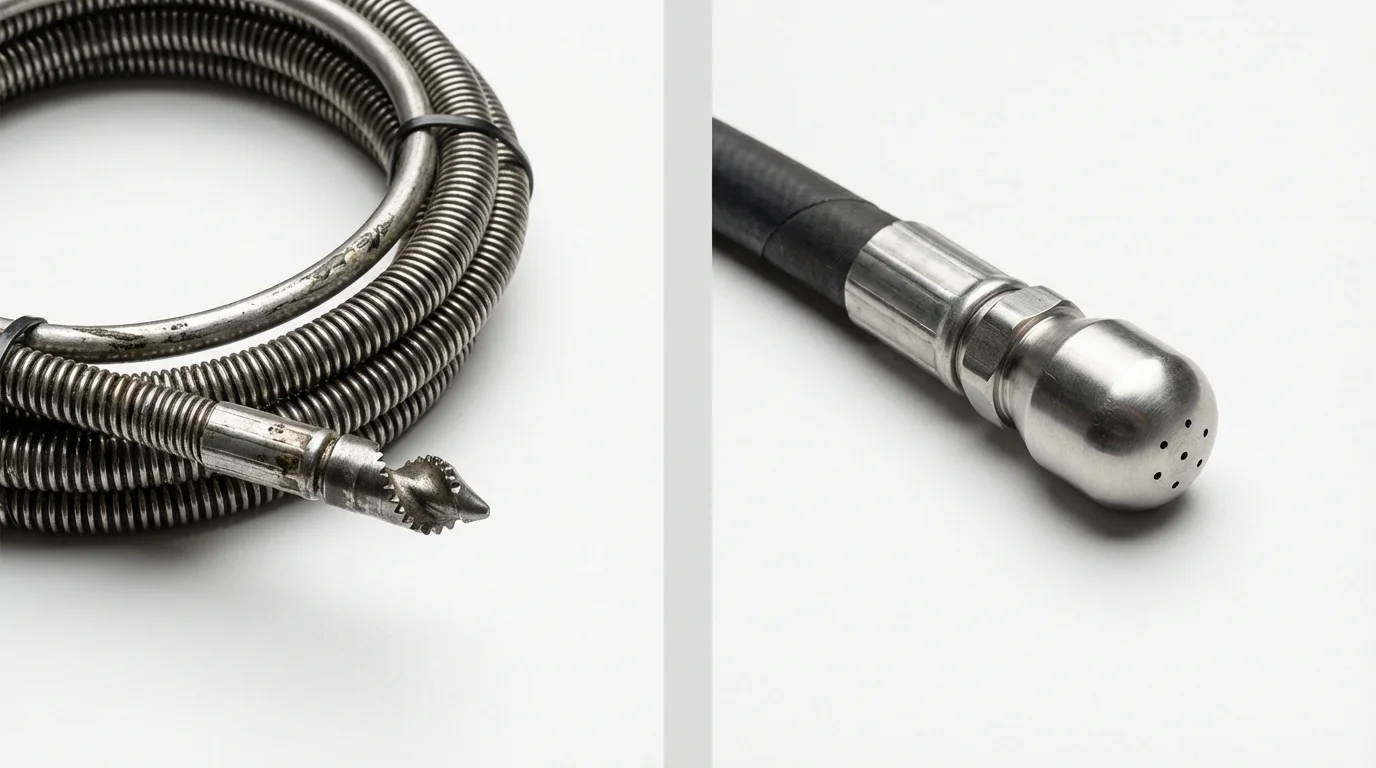 Drain snake cable and hydro jetting nozzle used for drain cleaning in Darien, CT