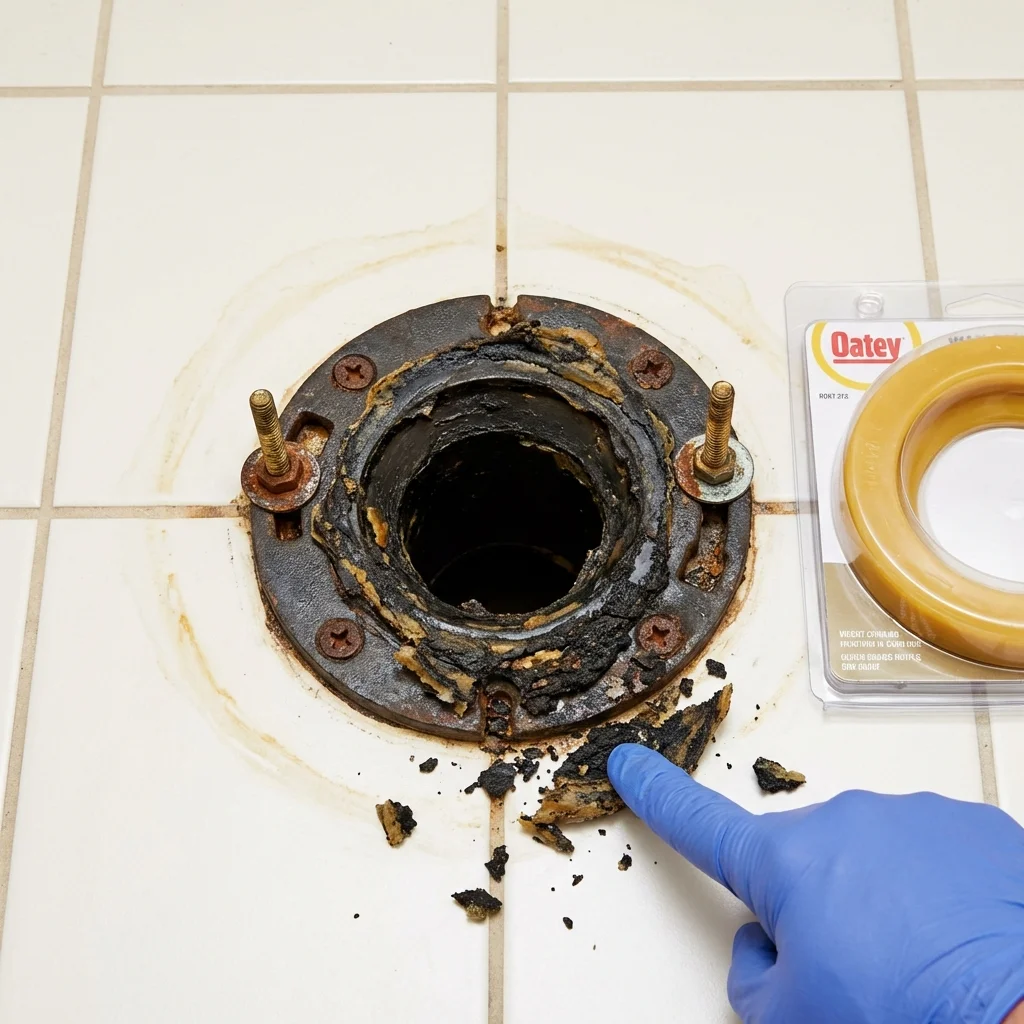 Failed wax ring showing water seepage at the base of a toilet in a Darien, CT home