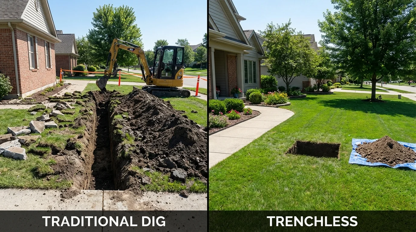 Trenchless sewer repair with minimal yard damage versus traditional excavation in Darien, CT