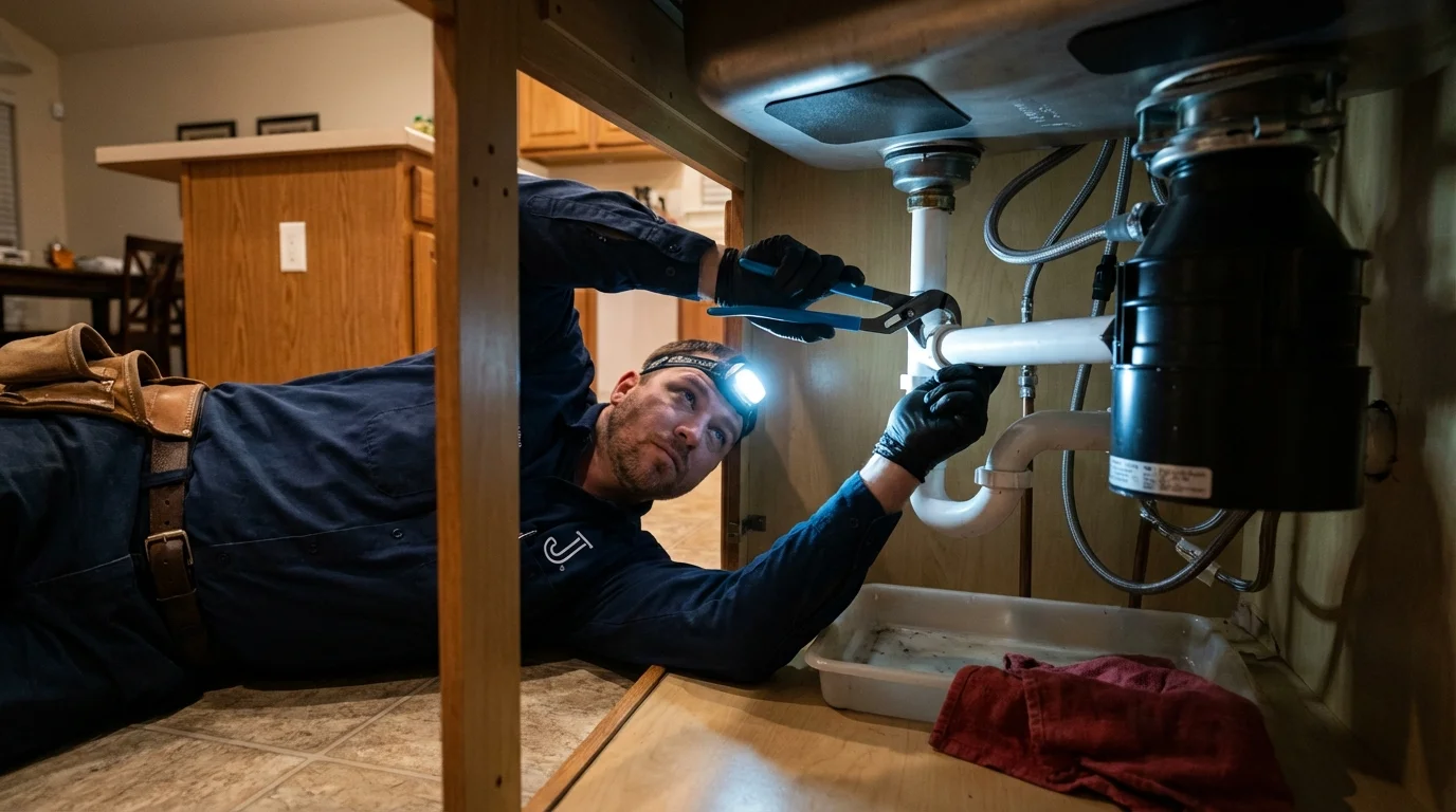 P-trap and supply line connections under a kitchen sink showing a common leak point in Darien, CT